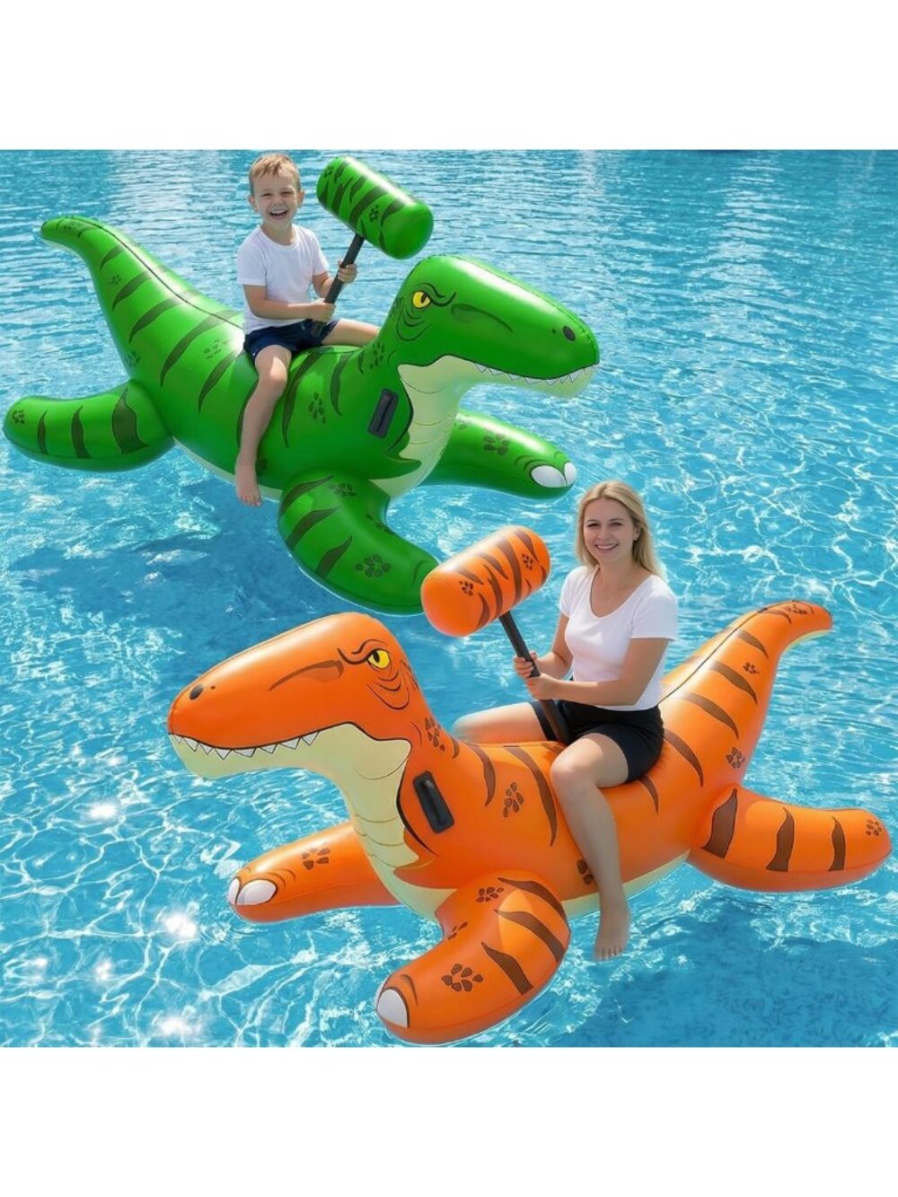 Inflatable Dinosaur Pool Floats - 2 Pack Ride-On Toys with Blow Up Hammers for